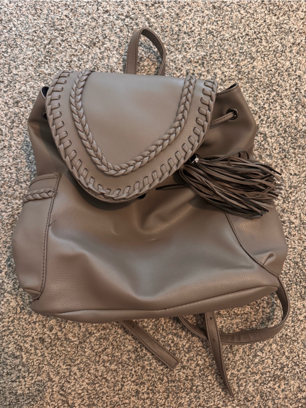 Grey Leather Drawstring Backpack with Tassel